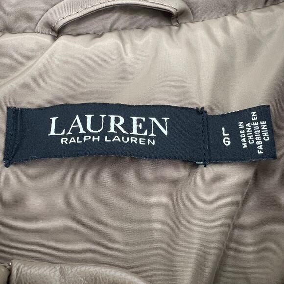 Lauren Ralph Lauren Quilted Jacket Women Large Logo Tan Puffer Faux Leather Trim - Picture 7 of 10